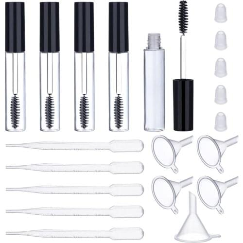 Free ship 5pcs 10ml Empty Mascara Tube with Eyelash Wand, Rubber Inserts, Funnels and Transfer Pipettes Set for Castor Oil, DIY