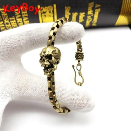Pure Brass Chain Bracelets Skull Head Punk Men Bangles Ghost King Wristband Accesories Jewelry Lucky Mantra Beads Hand Bracelet