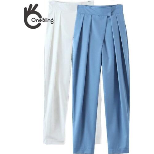 OneBling Folds Detail High Waist Women Suit Pants Summer Thin Long Trousers Office Casual Loose Pants Female Bottoms Blue Traf