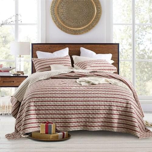 CHAUSUB Stripe Quilt Set Cotton Quilts For Bed Bedspread 3pcs Washed Quilted Bed Cover Sheets Coverlet Queen Size Summer Blanket