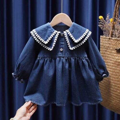 Toddler Girls Jean Dress Long Sleeve Infant Children Casual Denim T-Shirt 2021 Spring Lace Peter Pan Collar Baby Kids Clothing