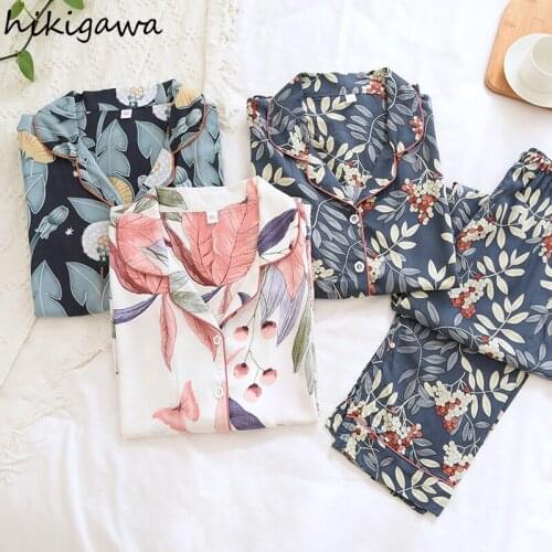 Hikigawa Woman Pijama Set Summer Home Clothes Nightwear Long Sleeve Trousers Floral Print Suit Female 2021 Pajamas De Mujer