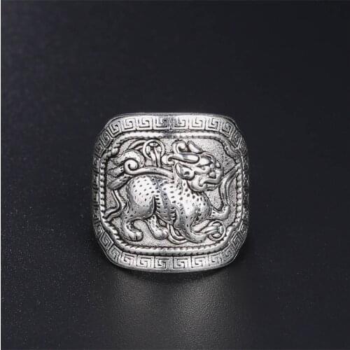 Vintage China QI LIN Rings Mythical Animals Auspicious Beast Rings Good Luck Silver Color Rings Men Women Jewelry Party Ring