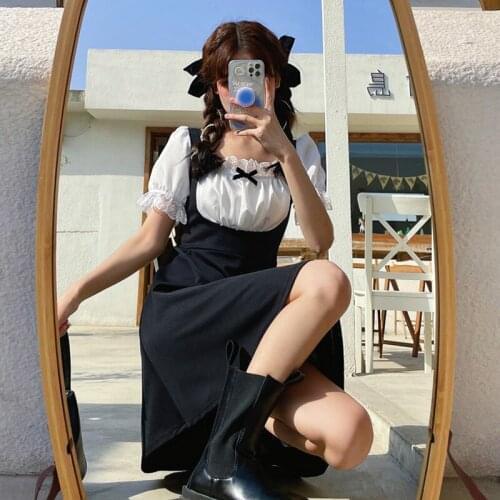 Sweet Retro Slimming Princess Dress Japanese Summer Lace Patchwork Plaid Girl Lolita Dress Kawaii Puff Short Sleeve Lady Dress