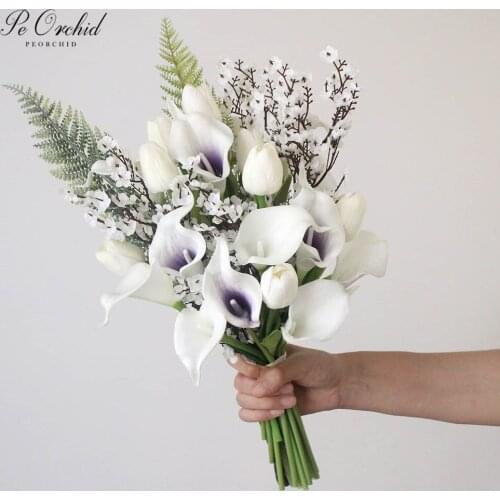 PEORCHID Korean Style Calla Lily Ivory&Purple Wedding Bouquet De fleur Artificial Bridesmaid flower Bouquet Bridal Ramo De Novia