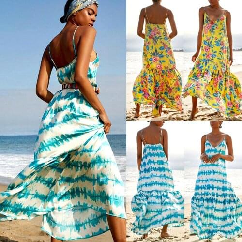 2019 Newest Hot Lady Women Summer Holiday Beach Boho Maxi Dress Loose V Neck Floral Sleeveless Strap Evening Party Sundress