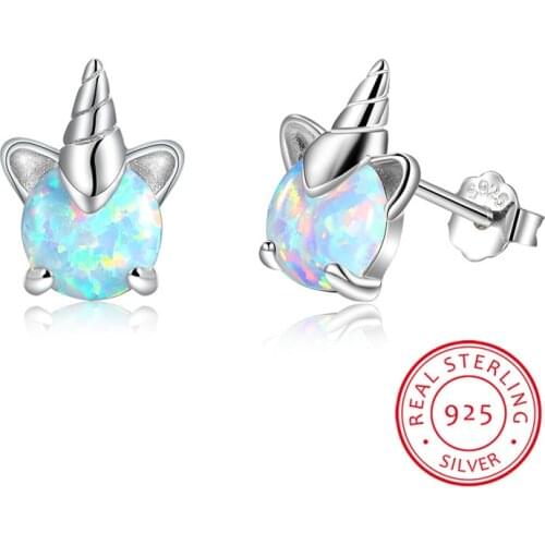 Cute Female Small Round Unicorn Earrings 925 Sterling Silver Stud Earrings For Women Boho Blue White Fire Opal Earrings