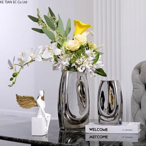 Modern Ceramic Vase Luxury Electroplating Silver Flower Arrangement Hydroponic Container Dining Table Flower Vase Home Ornaments