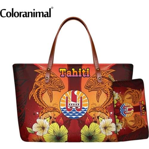 Coloranimal Luxury Brand Tahiti Hibiscus With Sea Fishes Printing Women Shoulder Bag Tote Handbag for Ladies 2Pcs Messenger Bag