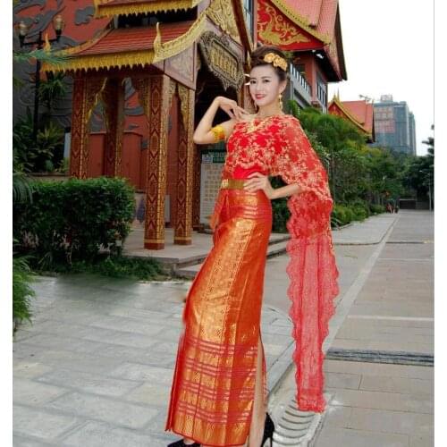 Asia Thais Laos Vietnam Dai Nation Folk dance Dai Costume red scarf single shoulder traditional sleeveless wedding bride Outfit