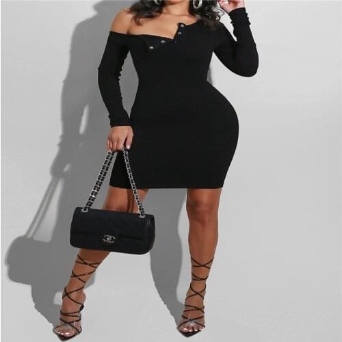 Knitted Elastic Mini Dress Ladies Long Sleeve Bodycon Elegant Women 2020 Summer Sexy V-Neck Button Party Solid Color Slim Dress