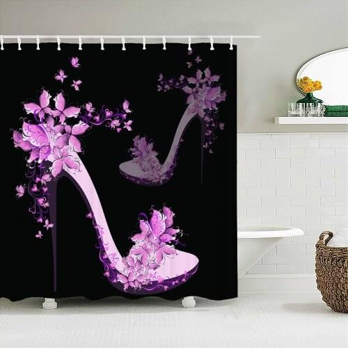 Pink Butterfly High Heels Fabric Shower Curtain Bathroom Curtains Kiss Love Woman Heart Waterproof Bath Screen with 12 Hooks
