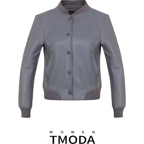 TMODA291 2021 Women Casual Faux Leather Short Jackets Lady Gray Bomber Jacket Letter Printed Single Breasted Coat With Pocket