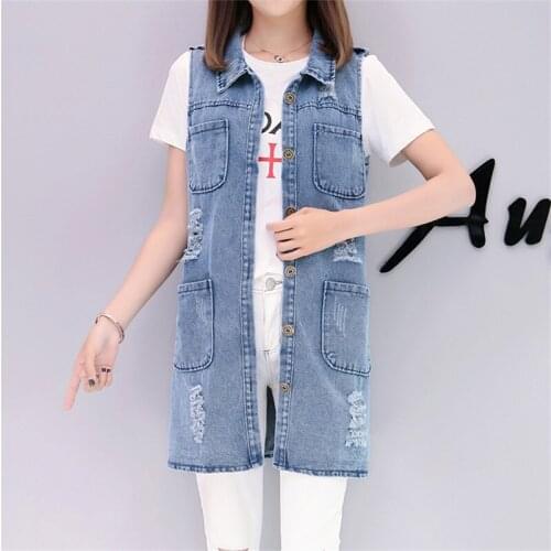 Womens Fashion Sleeveless Casual Jacket Outerwear 2021 Denim Vests Spring Summer Ripped Long Hole Stylish Jean Waistcoat Female