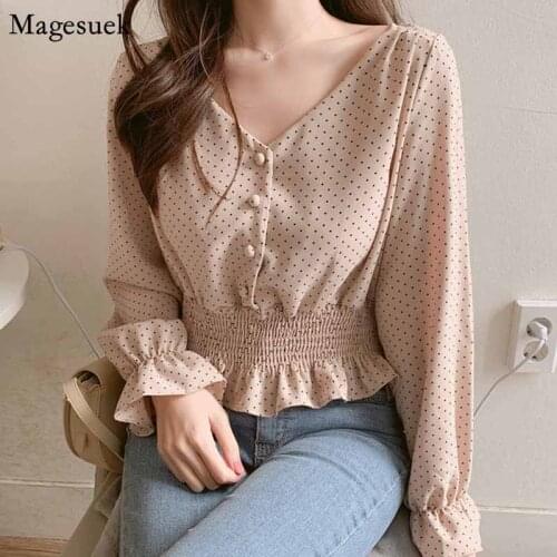 Elegant Front Buttons Slim Waist Ruffles Female Blouse Vintage V-neck Flare Sleeve Polka Dot Women Blouse Shirts blusas 6602 50