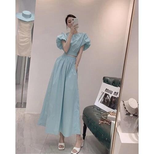 Puff Sleeve Crop Top + Elastic High Waist Skirt Fashion Folds Clothes Set Women 2021 New Summer Korean Style Solid Color 2 Piece