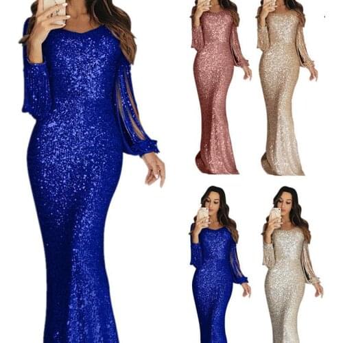 Womens Spring Summer 2021 Sequined Elegant Long Skirt Robe Femme Temperament Commuter O-neck Long-sleeved Tassel Party Dress