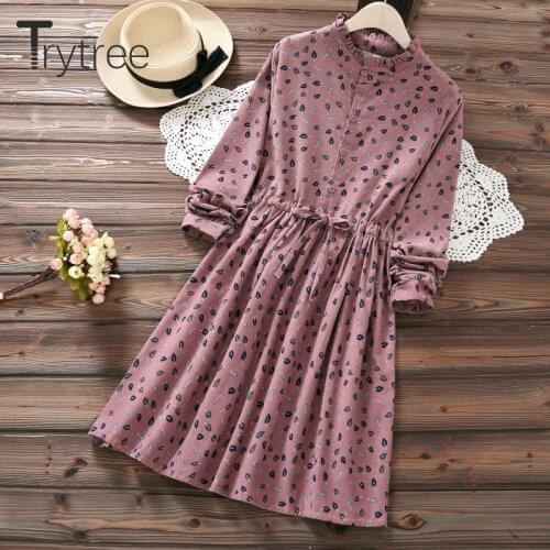 Trytree Autumn Women Dress Casual Ruffled Stand Collar Printed Leaf Shirt Dress Adjustable Drawstring A-Line Knee-Length Dress