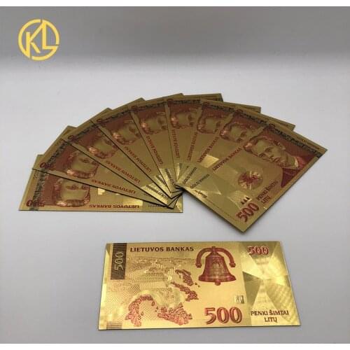 10pcs Colored Lithuanian 500 Litas Gold 999999 Banknote the nice souvenir collection ticket for popuplar poet VincasKudirka