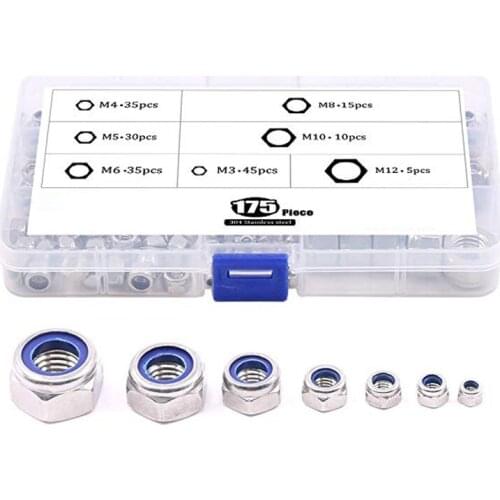 175pcs Metric 304 Stainless Steel Nylon Lock Nut Assortment Kit Size Include: M3 M4 M5 M6 M8 M10 M12 (Lock Nuts)