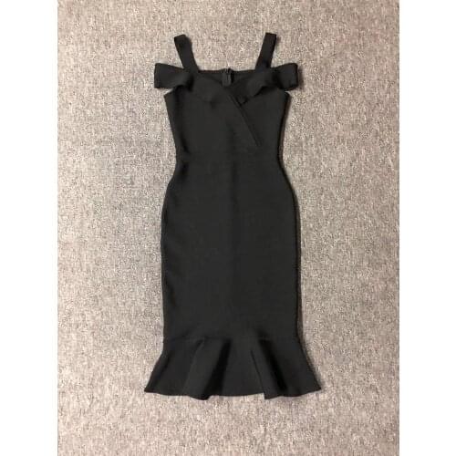 2020 New Solid Black Dress Spaghetti Strap Celebrity Party Bandage Midi Rayon Stretch Party Dress