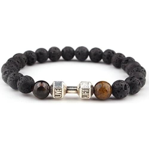 8mm Dumbbell Agate Chakra Healing Reiki Buddha Yoga Bracelet elastic adjustable black Volcanic Stone Bangles tfg3