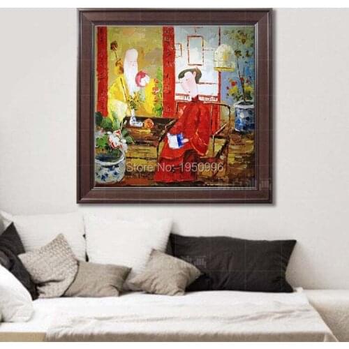 Abstract Decorative Hand-painted Mural Paintings Of Two Chinese Traditional God People Furnishing Restaurant Oil Painting