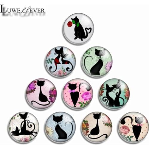12mm 10mm 14mm 16mm 20mm 25mm 488 Cute Black Cat Mix Round Glass Cabochon Jewelry Finding 18mm Snap Button Charm Bracelet