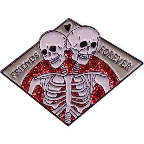 Friends forever glitter enamel pin conjoined twin skeleton brooch spooky gothic Halloween gift BFF friendship badge
