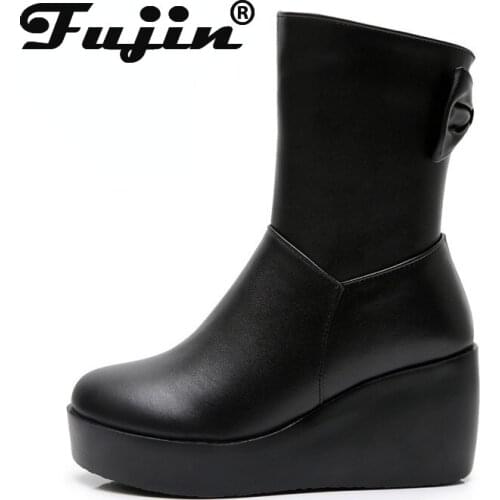 Fujin 2021 Leather Genuine Women Boot Fur Plush Warm Snow Boots for Autumn Winter Women Sock Platform Wedge Heel Ankle Boots