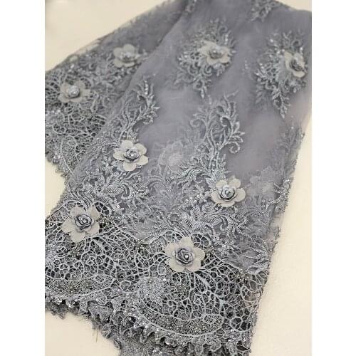 Wholesale Blue/Gray/White Soft African Beaded Lace Fabrics 5 Yards Wedding For Bridal 3D Flowers Embroidery French Guipure W3324
