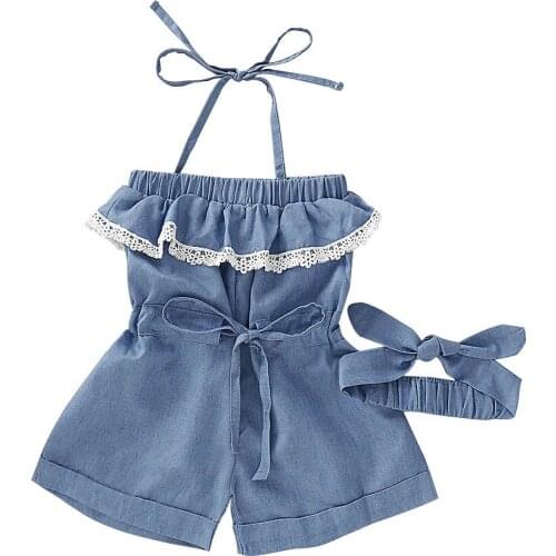Romper Summer Solid Color Denim Sling Romper 0-5t Ruffled Collar Lace Tube Top Girls' Jumpsuit