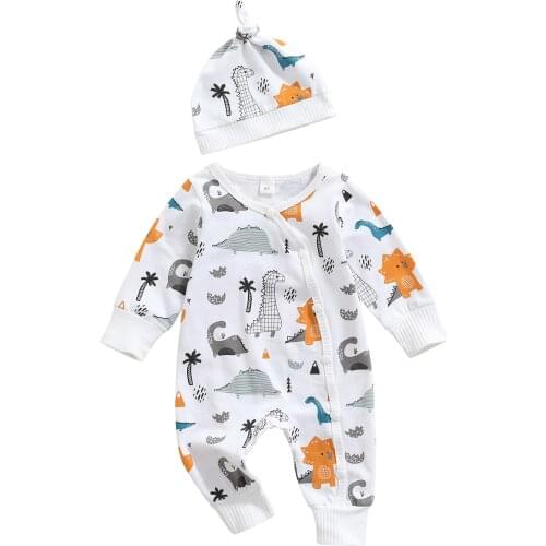 2021 0-18M Baby Boys Girls Long Sleeve Romper+Cap Cartoon White Dinosaur Printed Pattern Button-down Overalls Spirng Fall Outfit