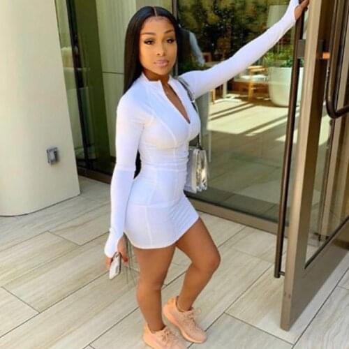Fashion European and American sexy casual womens wear zipper long sleeve sports elastic tight mini skirt dress