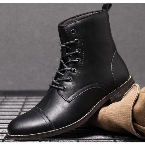 New High Top Men Motorcycle Boots PU Leather Lace-up Military Mens Boots Pointed British Winter / Spring Formal Snow Boots