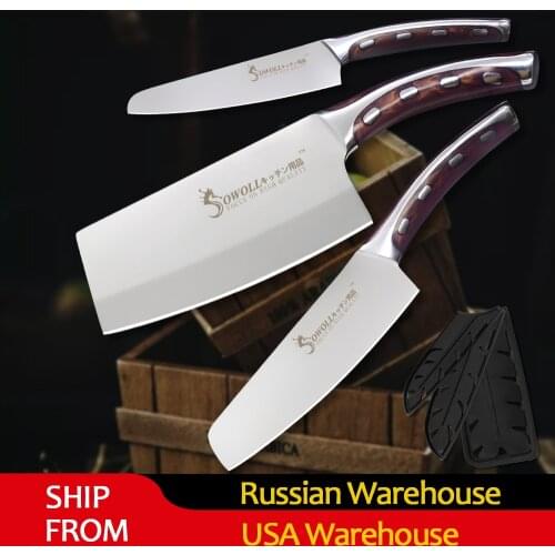 Sowoll 4CR14 Stainless Steel Knife 3 Pcs Kitchen Knife Set Resin Fibre Handle High Carbon Blade Utility Chef Chopping Knives