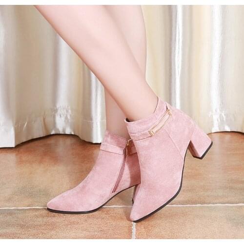 New Winter Shoes Women High Heels Boots Fashion Women Ankle Boots Woman Party Shoes Square Heel Black Pink