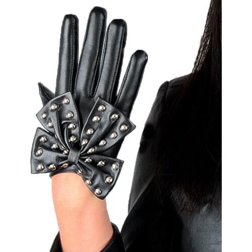 Fashion Women Punk Rock Rivet Bow Full Finger Synthetic Leather Gloves For Sports Fitness Nonslip Cycling Motorcycle Mittens S85