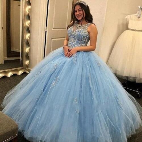 2020 Princess Light Sky Blue Quinceanera Dresses Sheer Major Beading vestidos de quinceañera Prom Party Gowns For Sweet 15