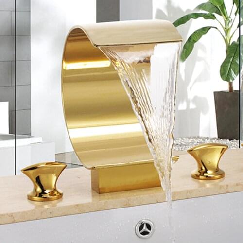 Luxury gold brass bathroom sink faucet waterfall Golden faucet cold hot water dual handle three holes basin faucet Top quality