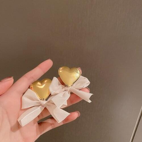Sweet Pink Color Lace Bowknot Big Metal Heart Stud Earrings for Women Girls Korean Fashion Piercing Earrings Party Jewelry