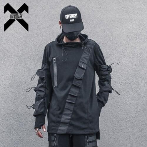 Techwear Harajuku Hoodie and Sweatshirt Men 2021 Autumn Multi-pocket Cotton Pullover Hip Hop Streetwear Hoodies Black WB224