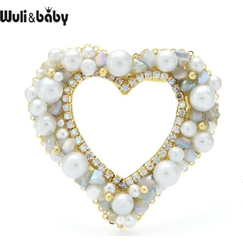 Wuli&baby Pearl Crystal Heart Brooches For Women Unisex New Beauty Love Party Office Casual Brooch Pins Gifts
