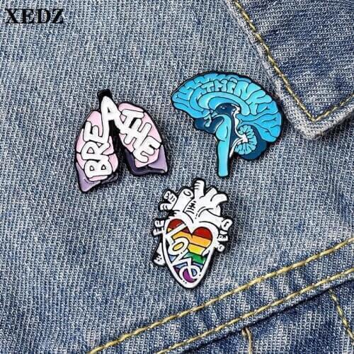 XEDZ new human organ medical enamel pin bone strange brain lung heart lapel brooch punk gothic jewelry gift for doctor friends