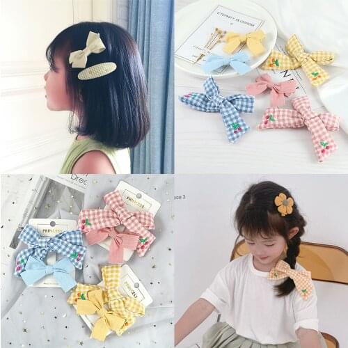 Sweet Girls Hair Clip Accessories 2Pcs Cute Bowknot Plaid Cherry Hairpins Solid Color Bowknots Princess Hair Pins Baby Headdress