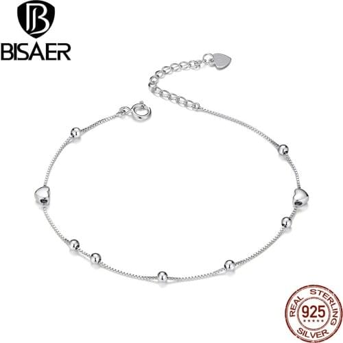 Star Bracelets BISAER 925-Sterling-Silver Fashion Love Heart & Beaded Women Chain Bracelets Bangles 925 Silver Jewelry ECB172