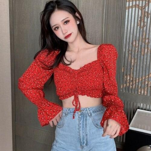 2020 Fashion Square Collar Women Pleated Small Floral Print Shirt Long Sleeve Short Sweet Chiffon Blouse