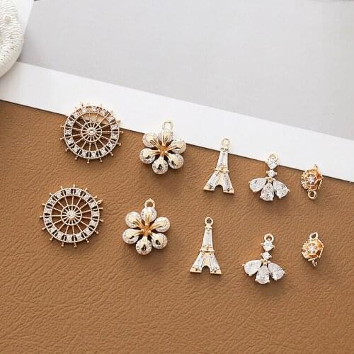 6pcs Copper plating Rhinestone round Eiffel Tower flower double hanging Earrings For Women diy necklace bracelet accessories