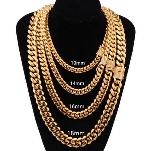 8/10/12/14/16/18mm Stainless Steel Gold Miami Cuban Chain Necklace Or Bracelet New Crystal Dragon Lock Clasp Men Women Jewelry