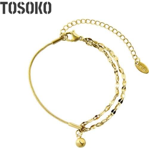 TOSOKO Stainless Steel Jewelry Lip Chain Double Layer Small Steel Ball Bracelet Womens Fashion Gold Bead Pendant Bracele E152